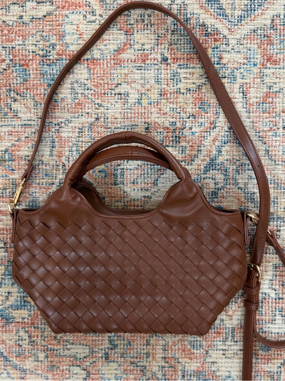 Woven Boho Bag Brown Vegan Leather Crossbody Top Handle Shoulder Handbag Purse - Picture 9 of 10